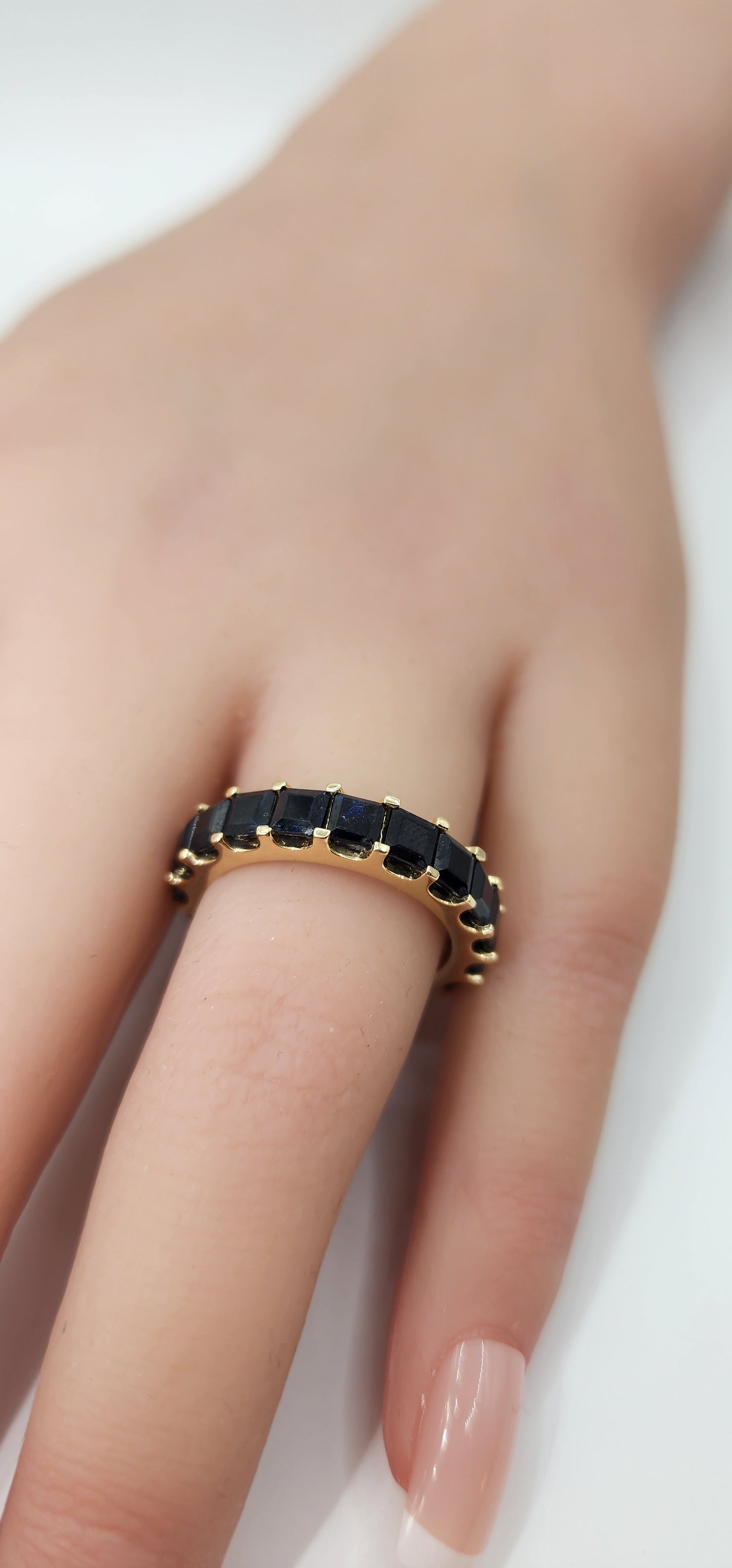 6 Carat Total Weight Princess Lab Grown Sapphire Eternity Band, 14K Yellow Gold,  Size 7