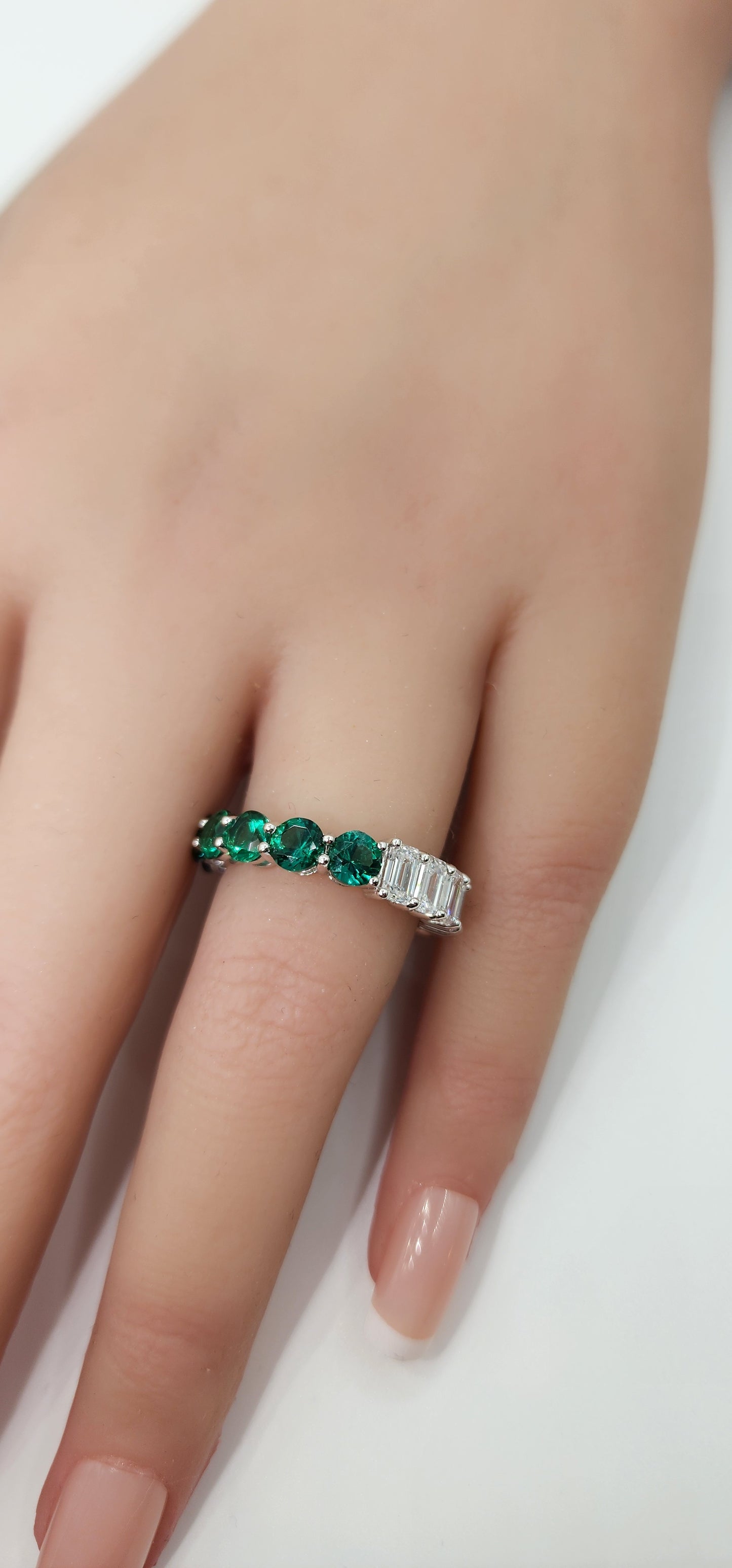 2.55 Carat Total Weight Green Emerald & 2.65 Carat Total Weight Lab Grown Diamond Eternity Band, 14K White Gold,  Size 6.5