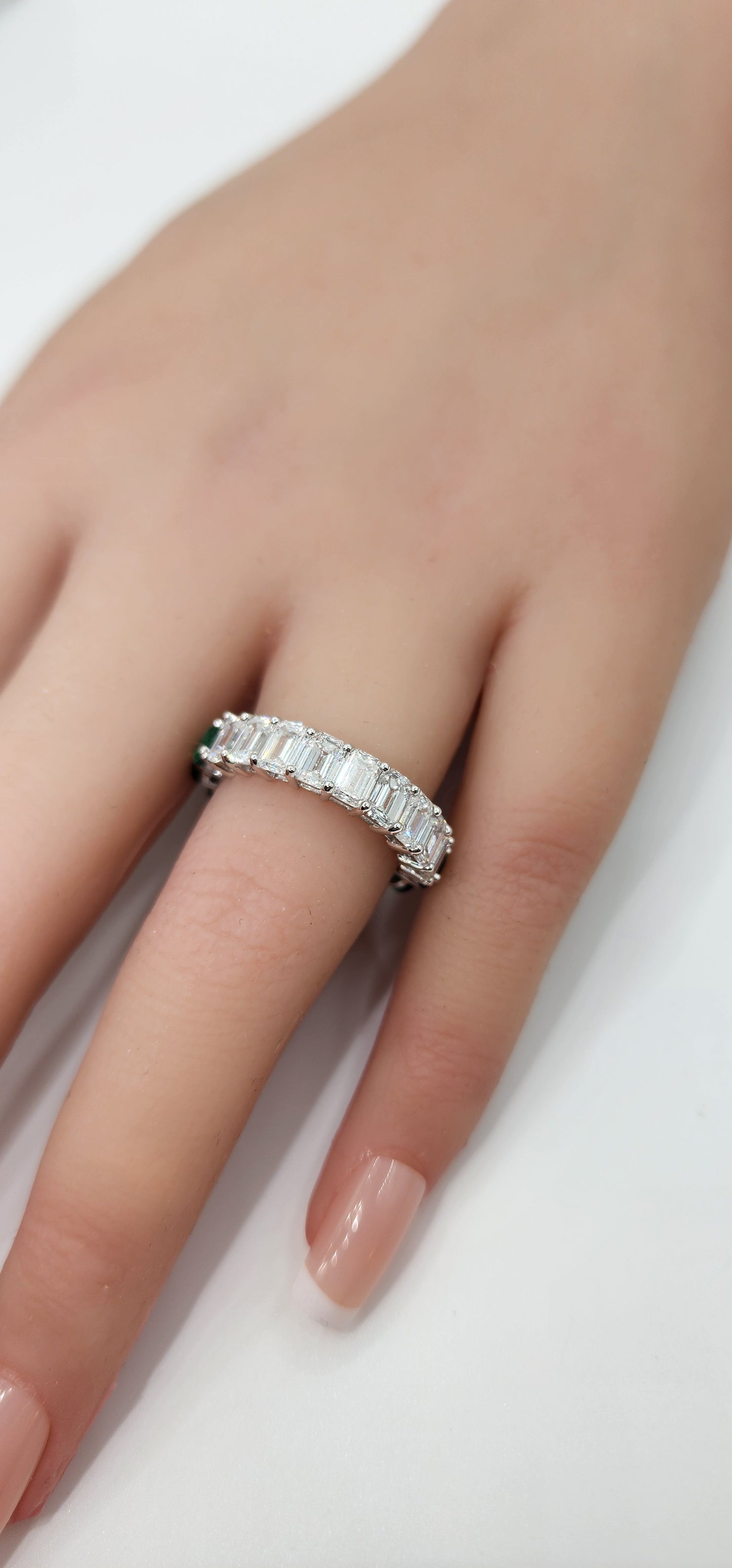 2.55 Carat Total Weight Green Emerald & 2.65 Carat Total Weight Lab Grown Diamond Eternity Band, 14K White Gold,  Size 6.5