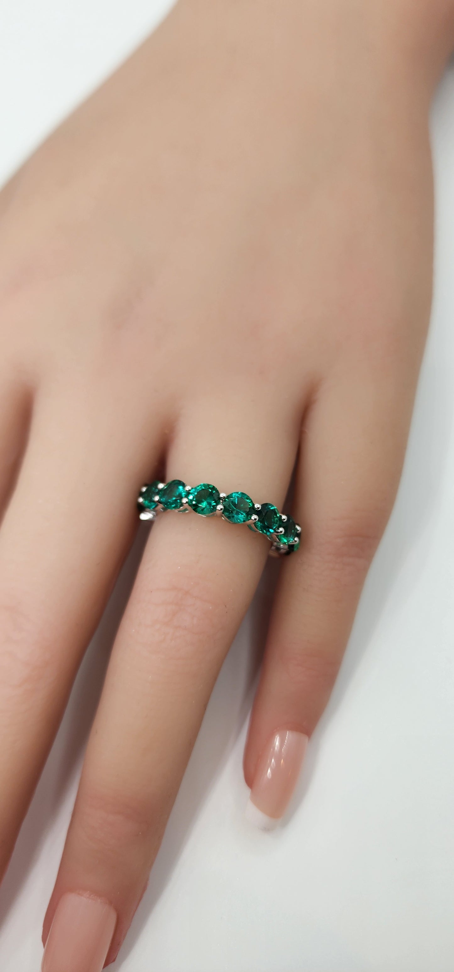 2.55 Carat Total Weight Green Emerald & 2.65 Carat Total Weight Lab Grown Diamond Eternity Band, 14K White Gold,  Size 6.5