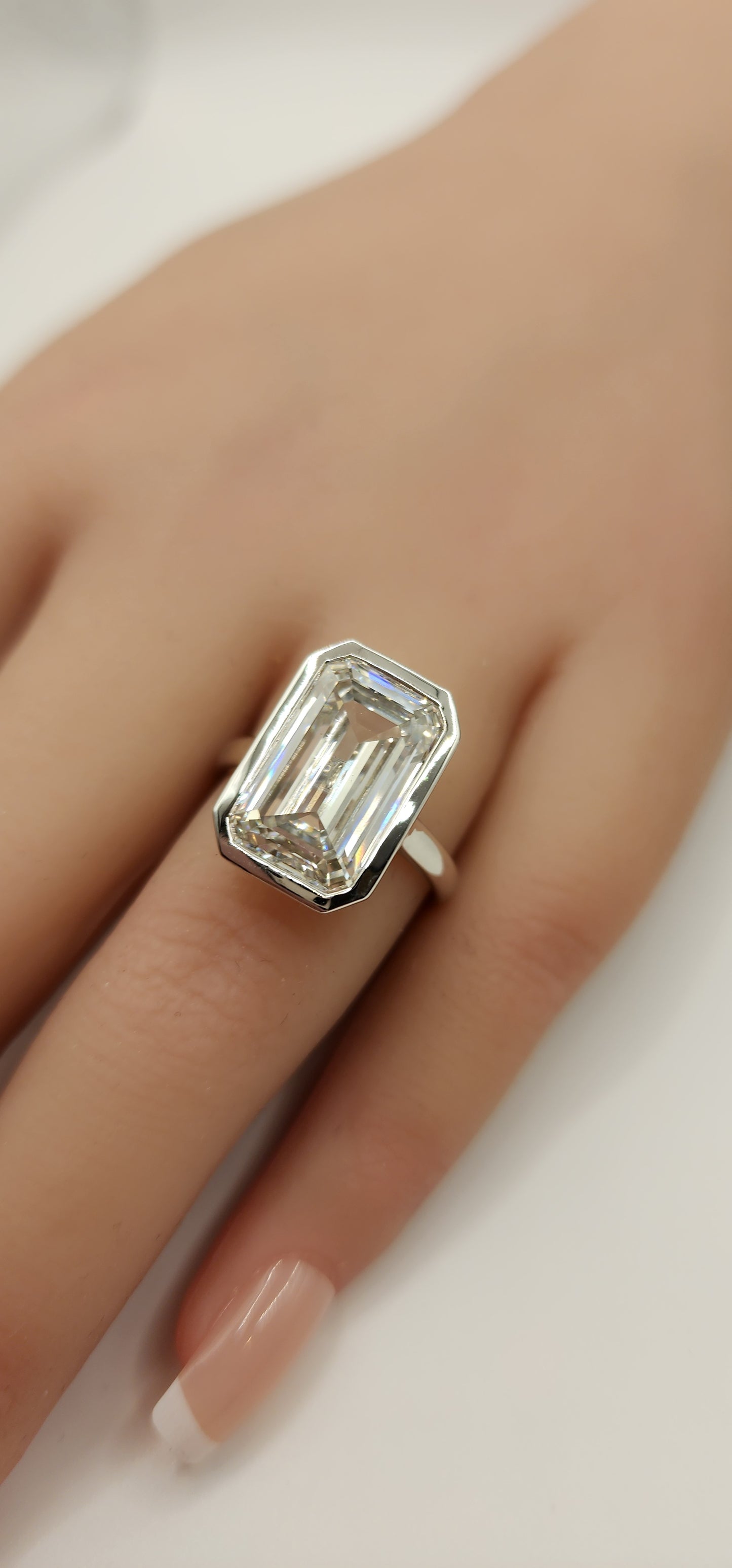 "The Paula" 8.11 Carat Emerald Cut Lab Grown Diamond Ring, IGI Certified F/VS1 in a Sleek Full Bezel Setting