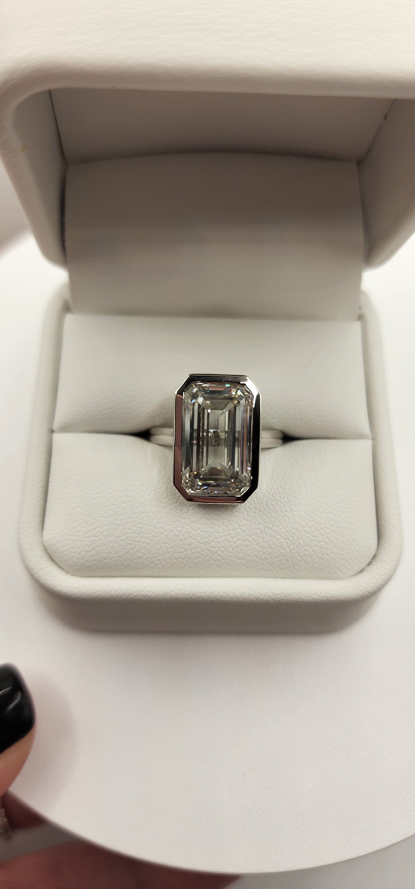 "The Paula" 8.11 Carat Emerald Cut Lab Grown Diamond Ring, IGI Certified F/VS1 in a Sleek Full Bezel Setting