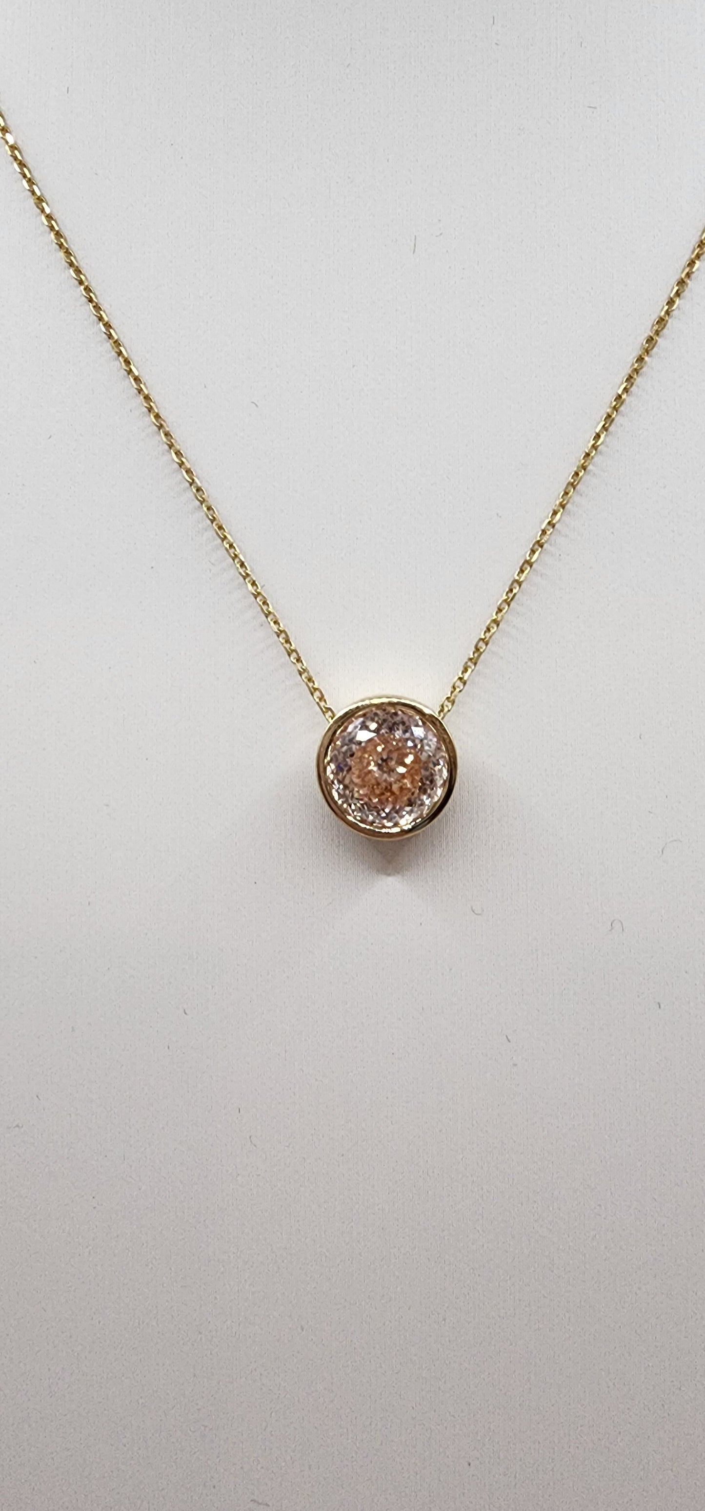 3 Carat Pink Portuguese Cut Lab Grown Diamond VS1 in 14k Yellow Gold Bezel Set Pendant on 14" Necklace Chain