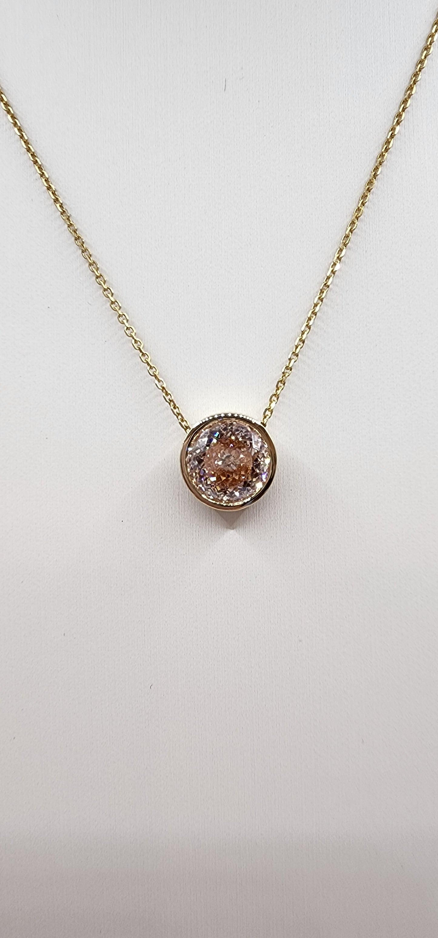 3 Carat Pink Portuguese Cut Lab Grown Diamond VS1 in 14k Yellow Gold Bezel Set Pendant on 14" Necklace Chain