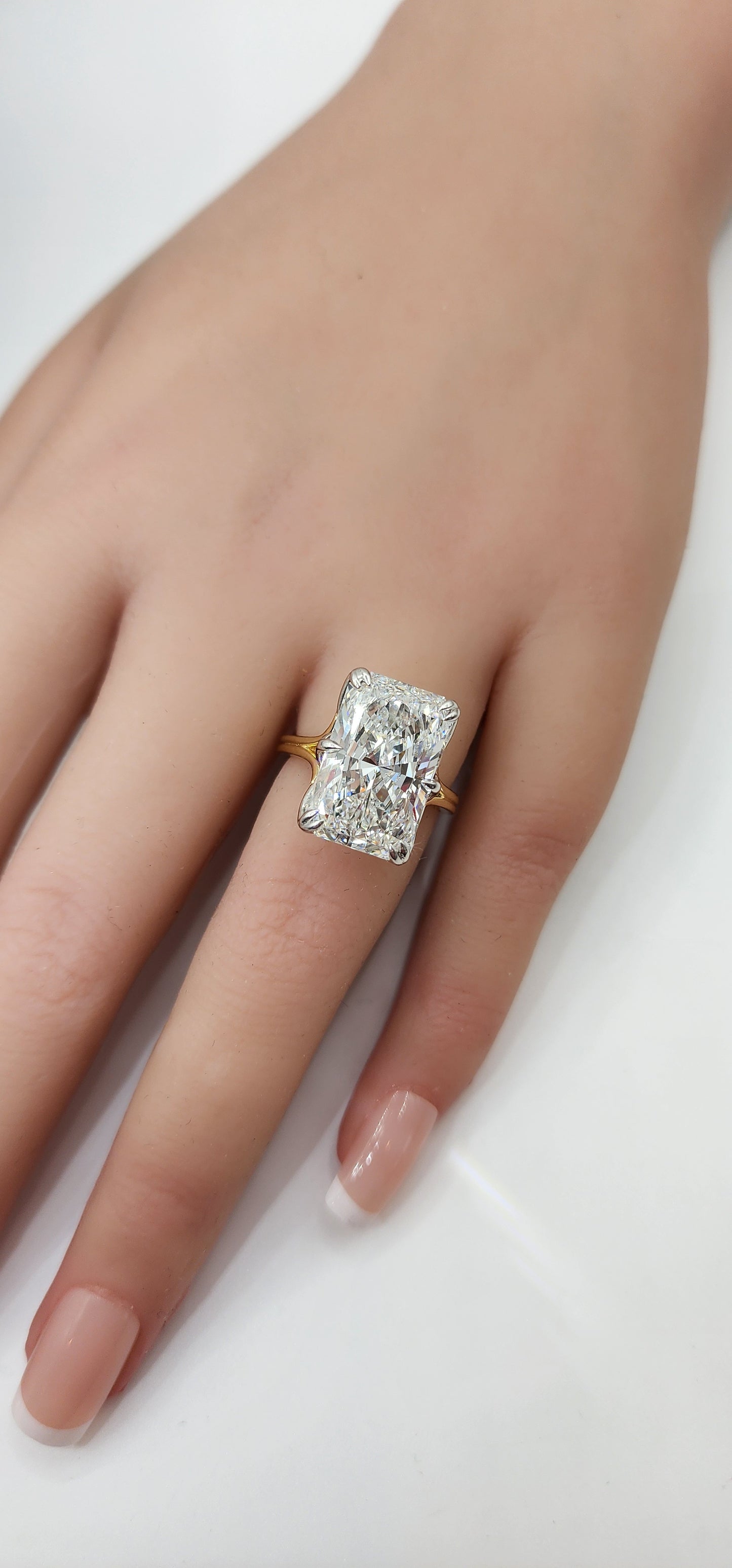"The Lisa" is a 10 Carat Radiant Lab Grown Diamond on a 14k 2-tone Split Shank Solitaire