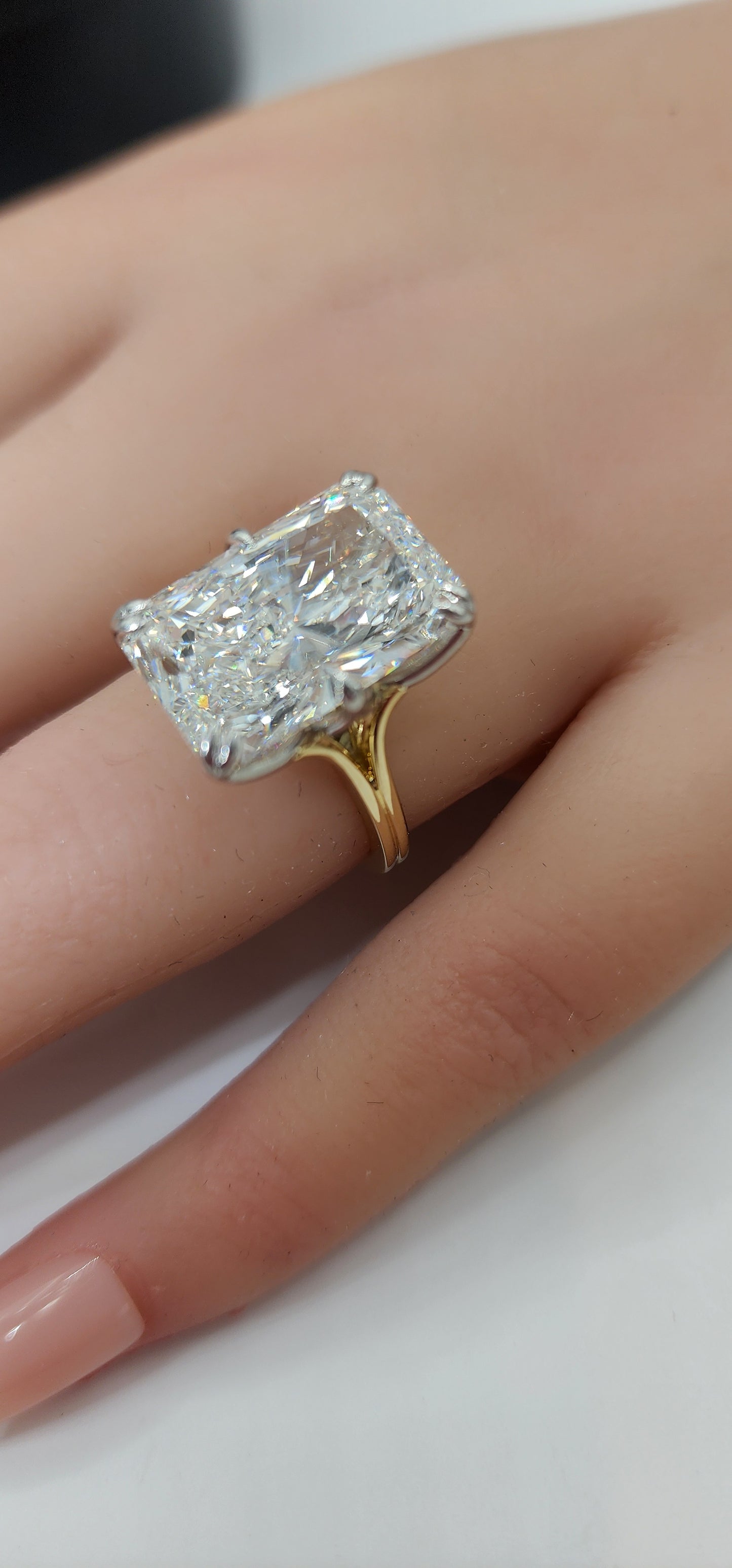 "The Lisa" is a 10 Carat Radiant Lab Grown Diamond on a 14k 2-tone Split Shank Solitaire