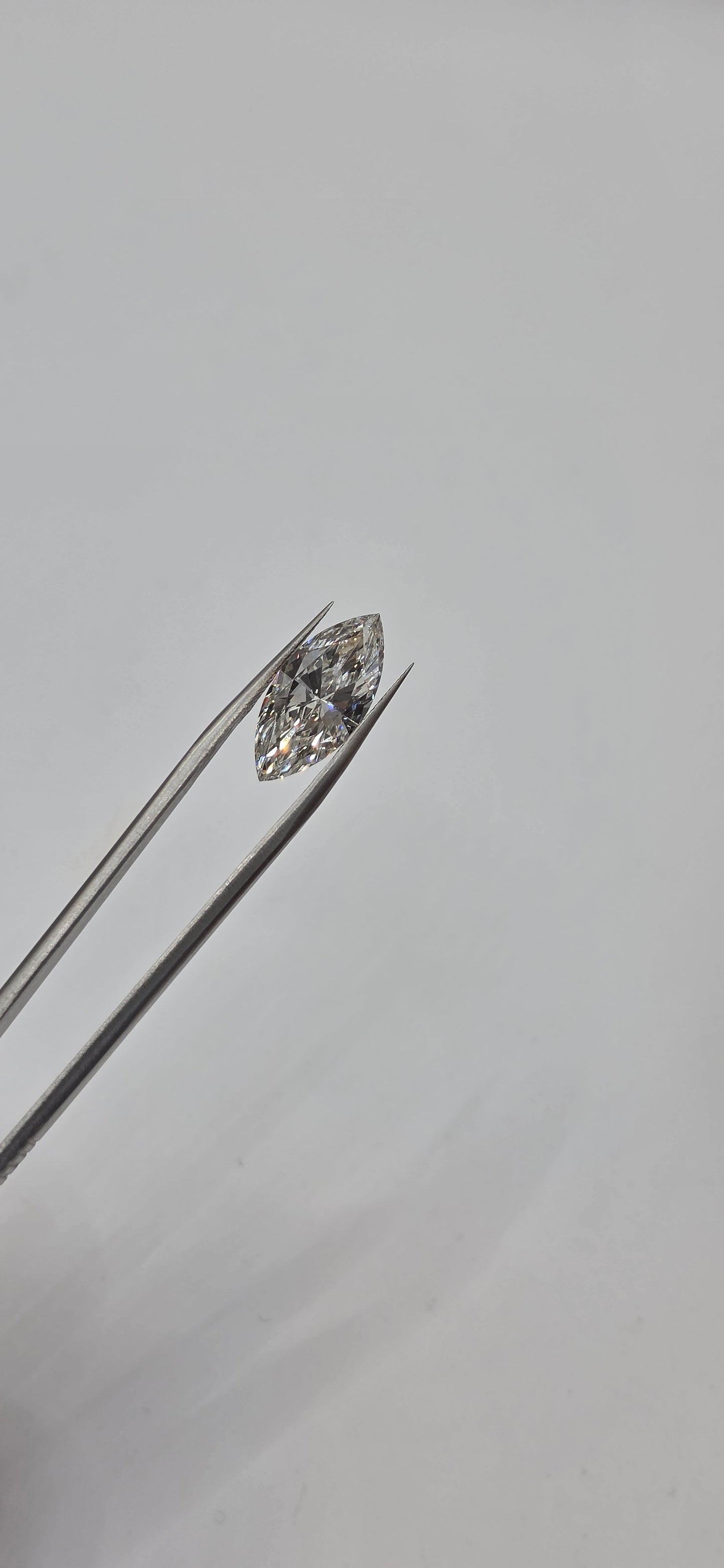Diamond on a silver prong against a light gray background