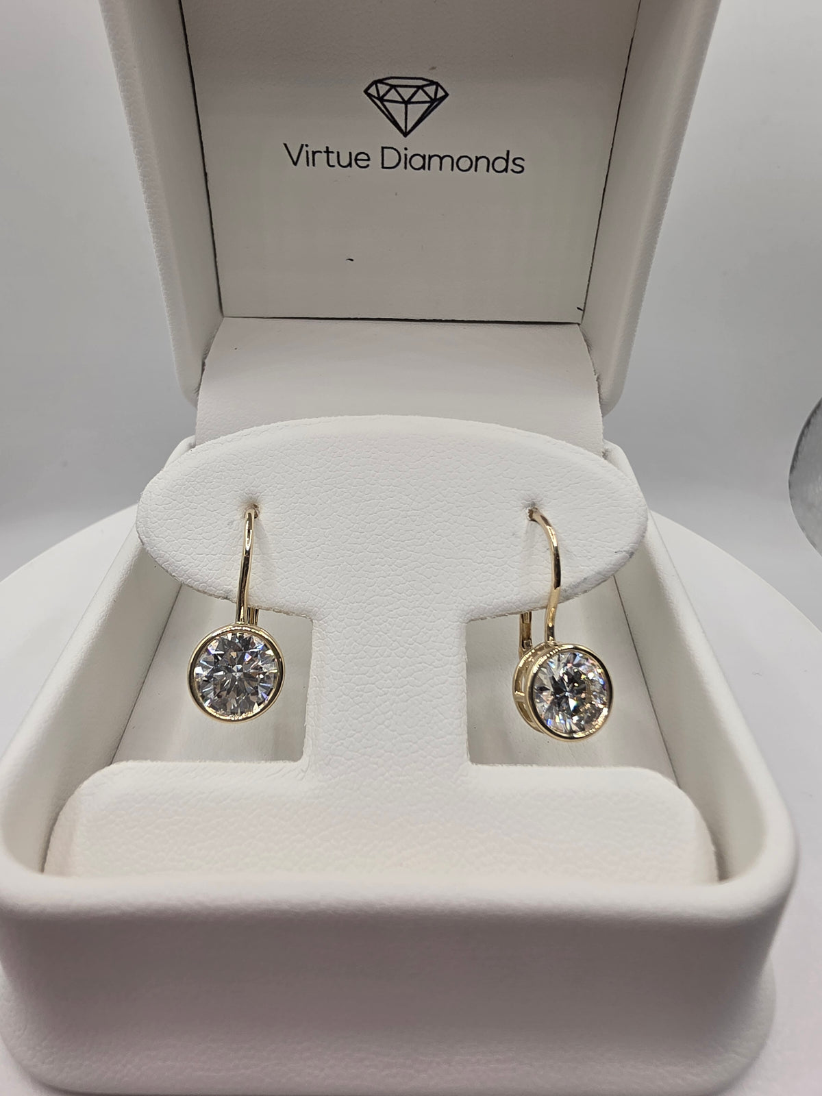 3 Carat Total Weight Bezel Set Drop Earrings, 10k Yellow Gold, IGI Certified G/VS1