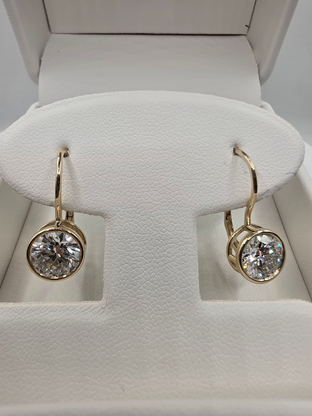 3 Carat Total Weight Bezel Set Drop Earrings, 10k Yellow Gold, IGI Certified G/VS1