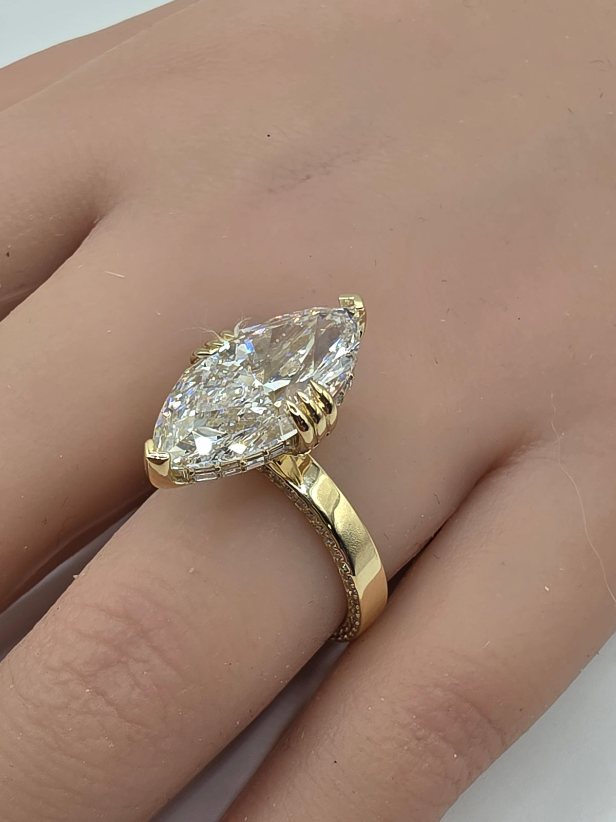 The Johnny a 7 carat Marquise Lab Diamond, F/VS1 with Baguette Halo, Profile Diamonds in 10k YG