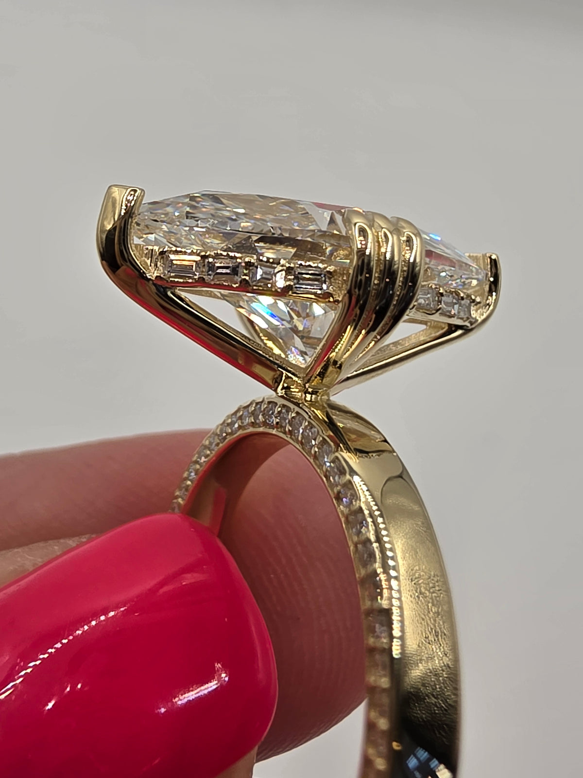 The Johnny a 7 carat Marquise Lab Diamond, F/VS1 with Baguette Halo, Profile Diamonds in 10k YG
