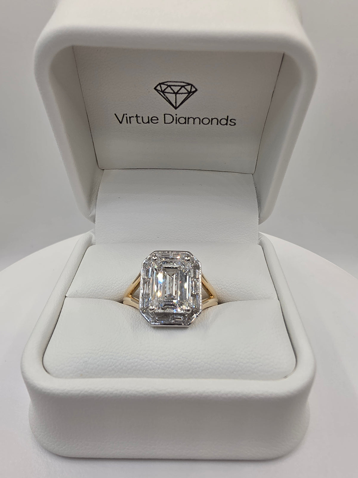 4 Carat Emerald D/VS1 IGI Certified Lab Diamond w/Bagette Halo in 2-tone Split Shank Setting, Siz 7.25