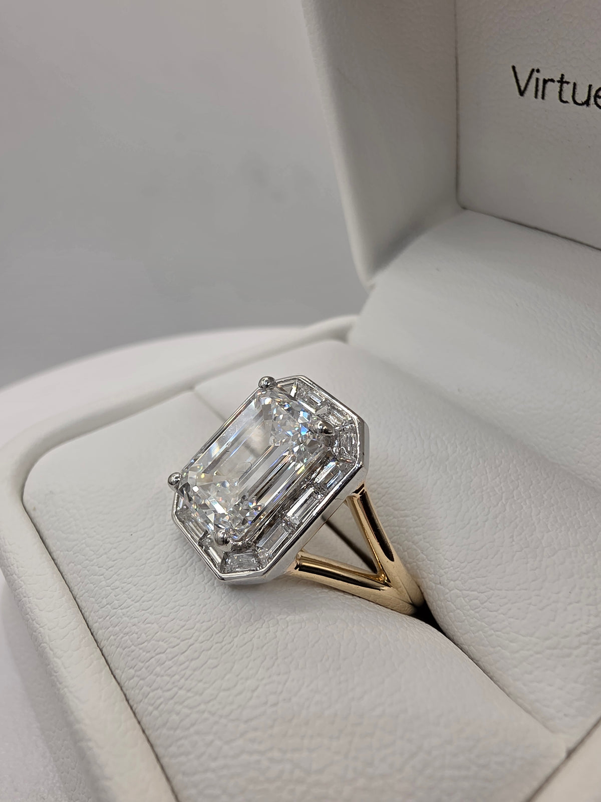 4 Carat Emerald D/VS1 IGI Certified Lab Diamond w/Bagette Halo in 2-tone Split Shank Setting, Siz 7.25