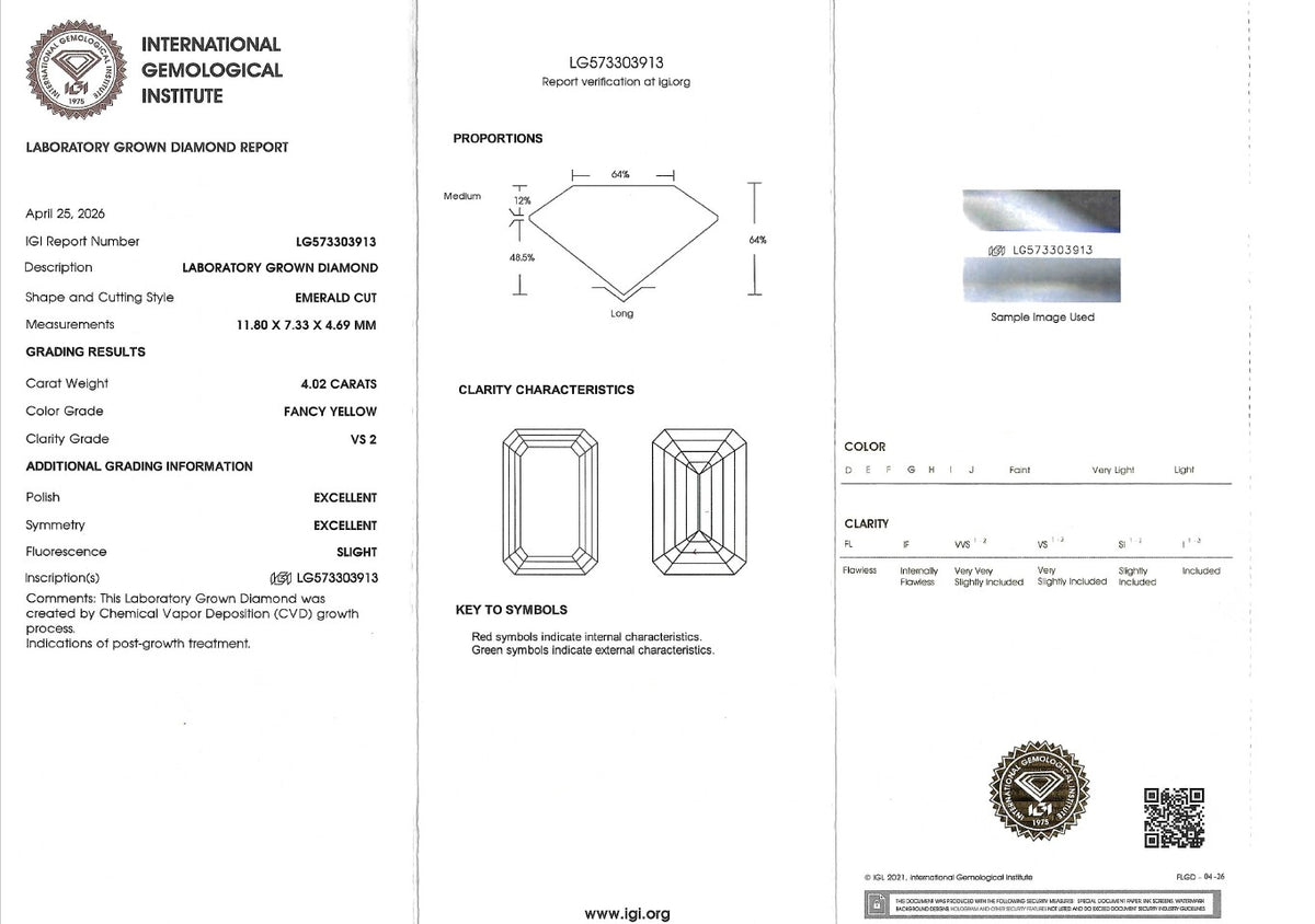 A gemstone laboratory report form from the International Gemological Institute showing diamond measurements, clarity characteristics, grading results, and a sample image area for a round brilliant-cut diamond.
