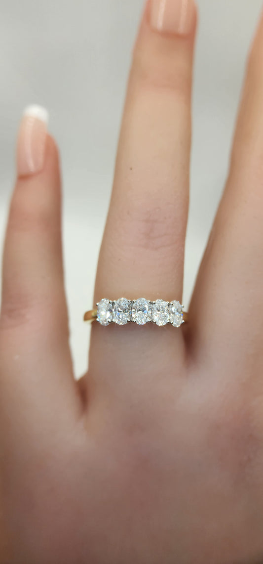 1 Carat Total Weight Oval 5-Diamond Yellow Gold Lab Diamond Anniversary Band Size 7