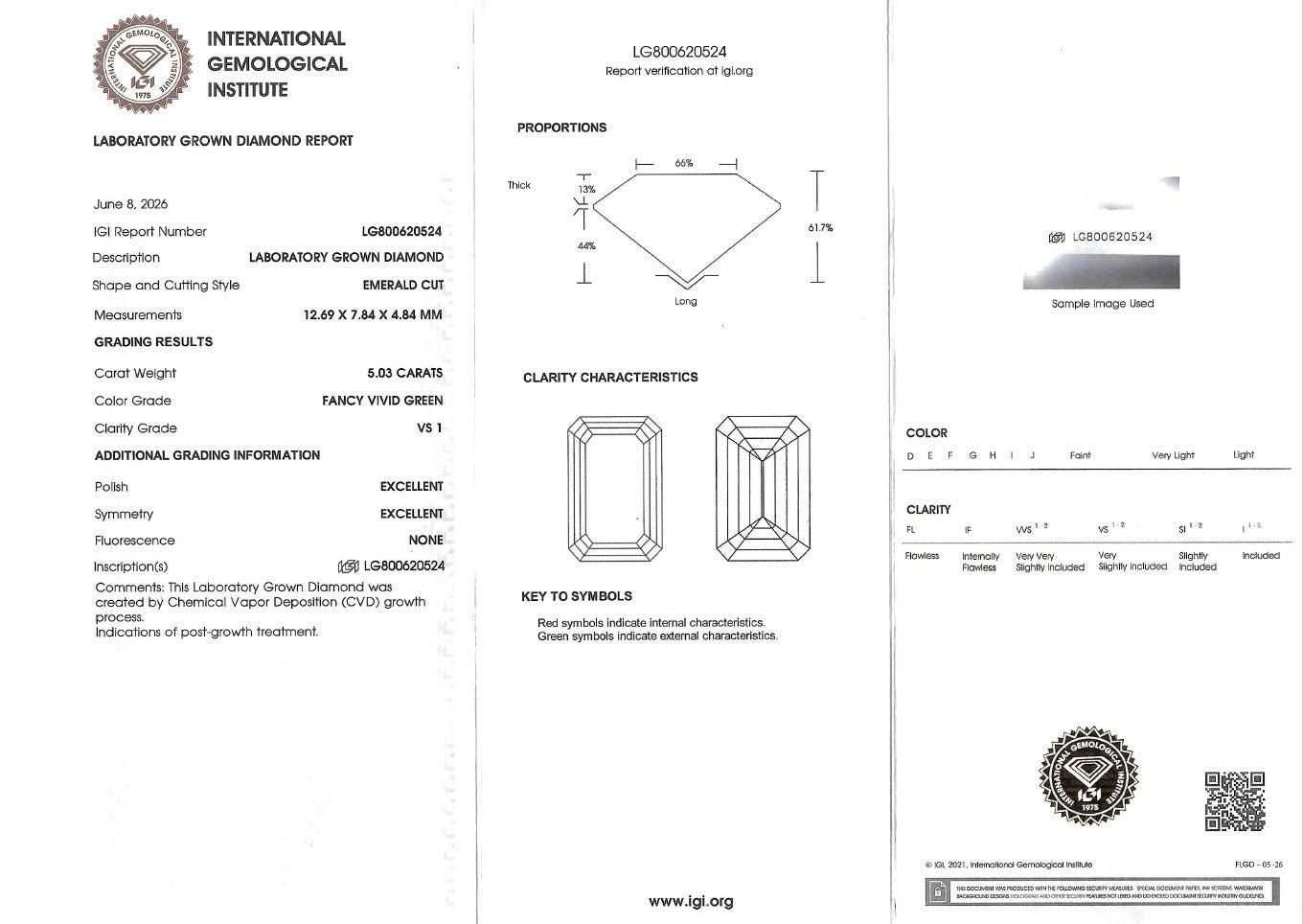 A three-panel laboratory gemstone report form from the International Gemological Institute, showing diamond proportions, clarity characteristics, and grading results for a lab-grown diamond.