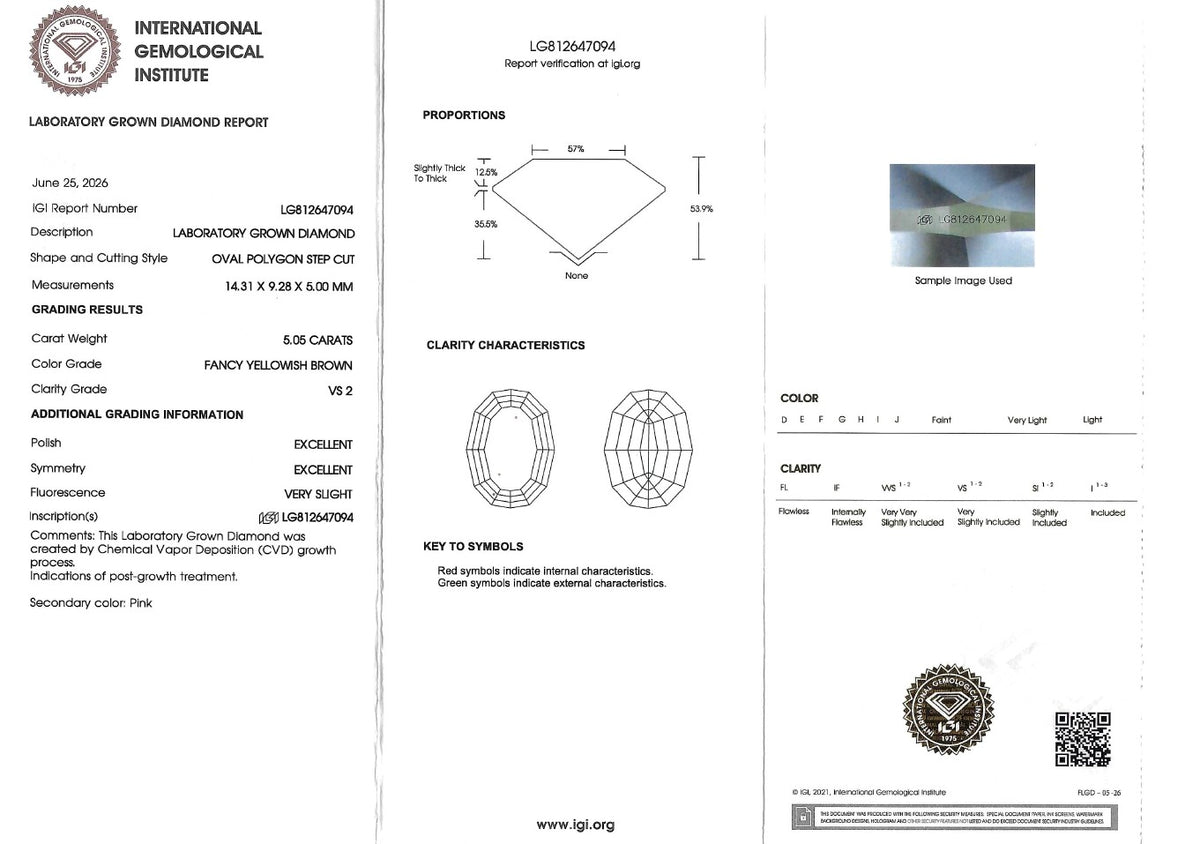 A multi-panel laboratory gemological report from the International Gemological Institute for a Lab-Grown Diamond, showing measurements, clarity characteristics, color, and a small inset photograph of the diamond.
