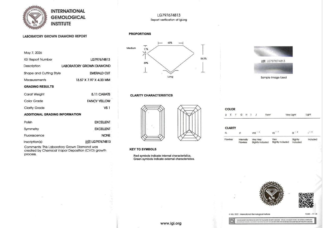 A laboratory grown diamond report form from the International Gemological Institute, showing diamond specifications, clarity characteristics, a key to symbols, and a sample image of an emerald-cut diamond.