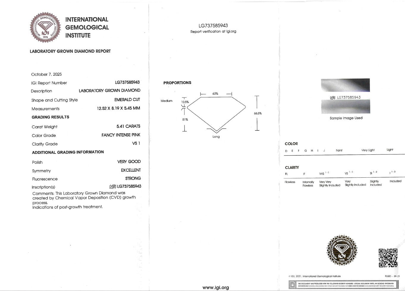 A gemological laboratory diamond report form from the International Gemological Institute, showing diamond specifications, measurements, color, clarity, and a small inset sample image on a white document.