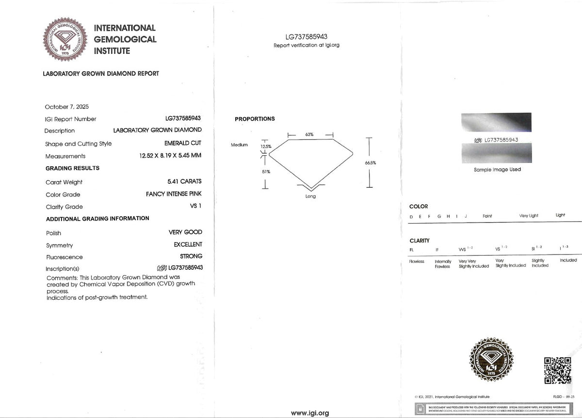 A gemological laboratory diamond report form from the International Gemological Institute, showing diamond specifications, measurements, color, clarity, and a small inset sample image on a white document.