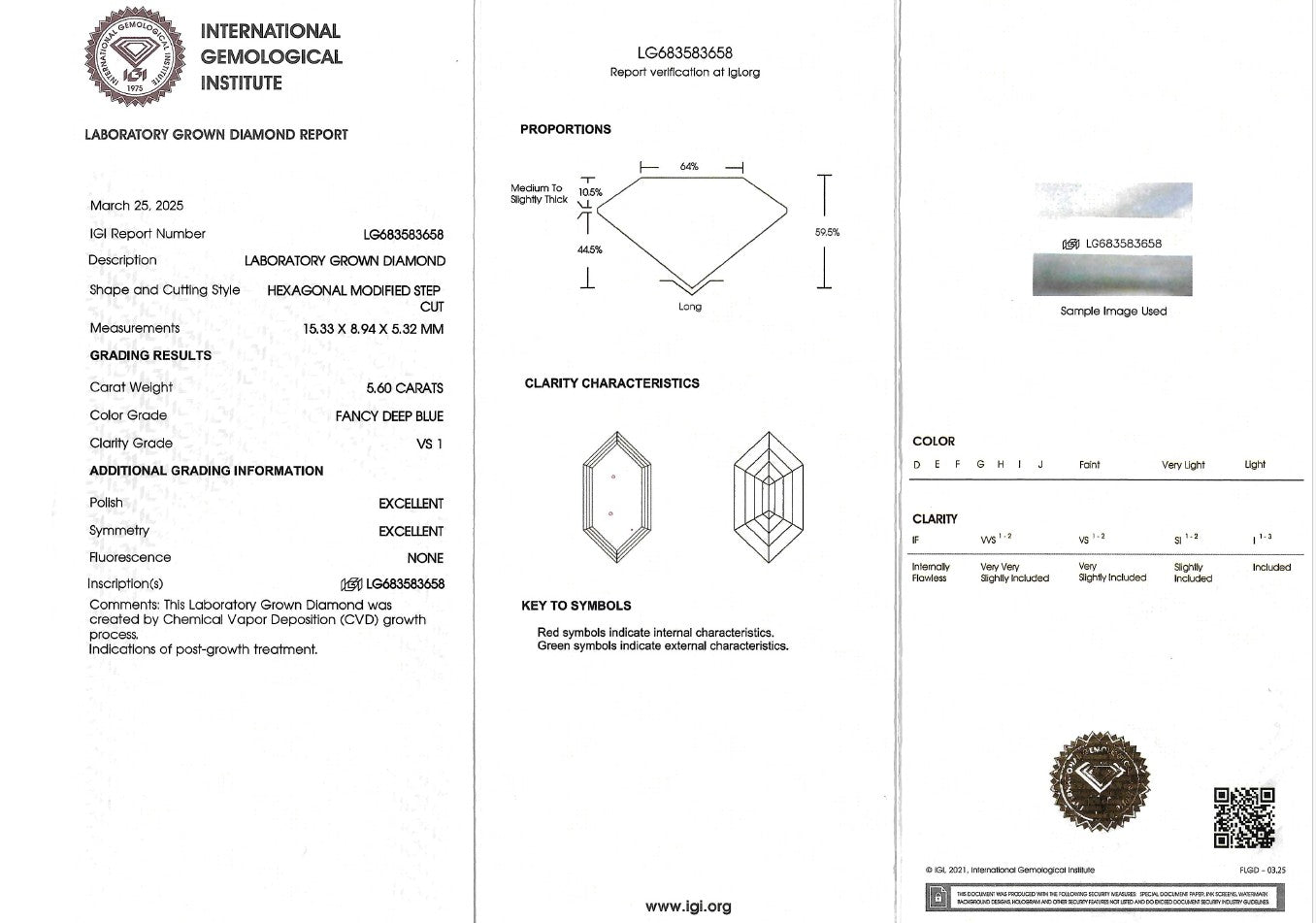 A three-panel technical specification and grading report for a laboratory grown diamond, dated March 25, 2005, from the International Geological and Metallurgical Institute. The left panel shows the company logo and title; the center panel contains proportions, key to symbols, and clarity characteristics; the right panel shows color and clarity tables and a QR code.