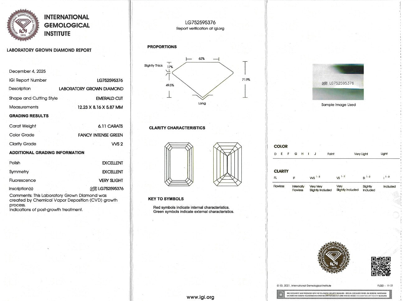 A three-panel laboratory gemstone report form from the International Gemological Institute, showing diamond dimensions, clarity characteristics, color notes, and a small sample image, with printed text and seals on a white page.