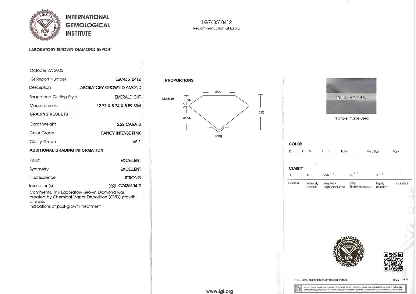 A diamond grading and certification report from the International Gemological Institute, showing specifications, proportions, color, clarity, and a small inset gemstone photograph on a white document layout.