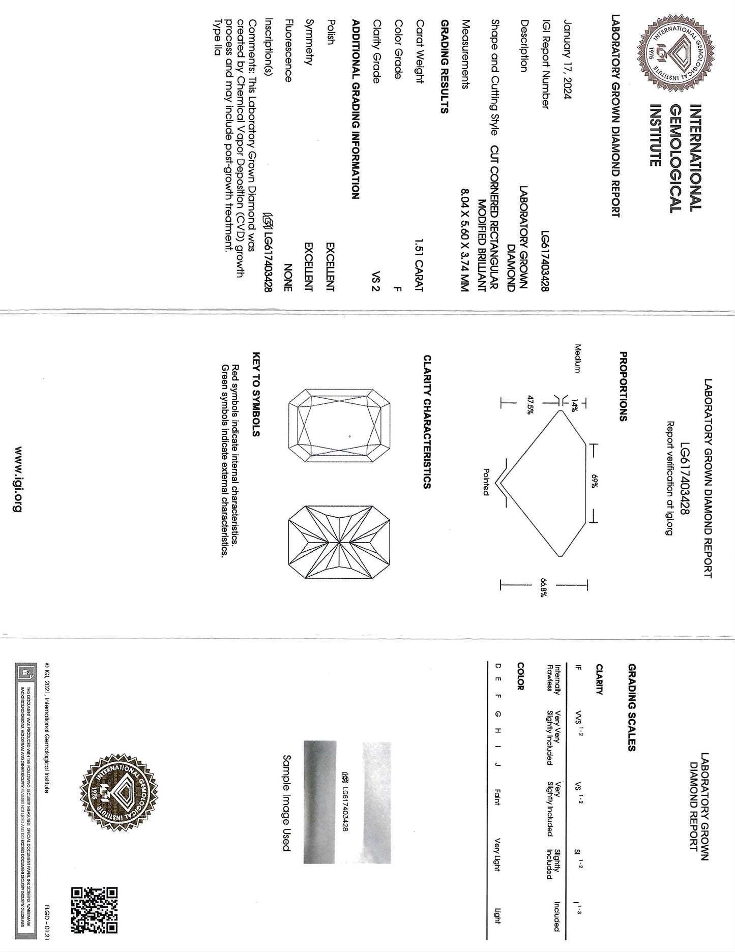 Technical drawing and specifications of a diamond with measurements and diagrams on a white background.