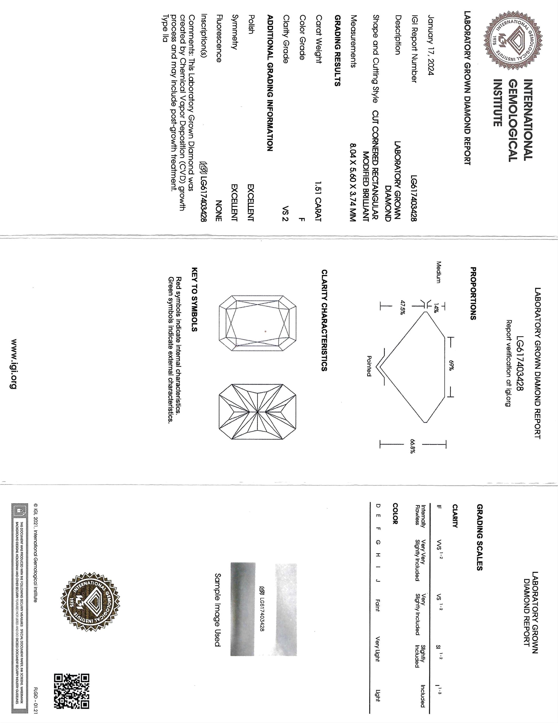 Technical drawing and specifications of a diamond with measurements and diagrams on a white background.