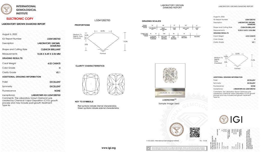 Laboratory grown diamond report with IGI logo on a white background