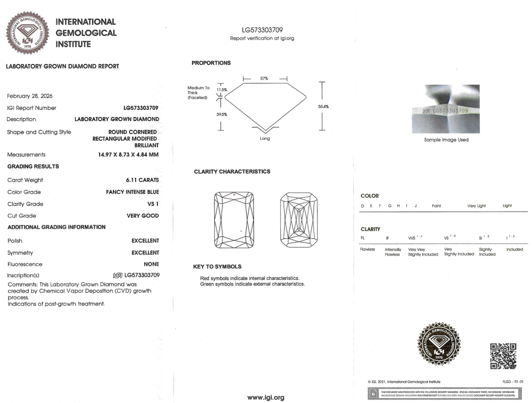 A laboratory grown diamond report form from the International Gemological Institute, showing diamond proportions, clarity characteristics, grading results, and a small inset photo of a loose round brilliant-cut diamond.