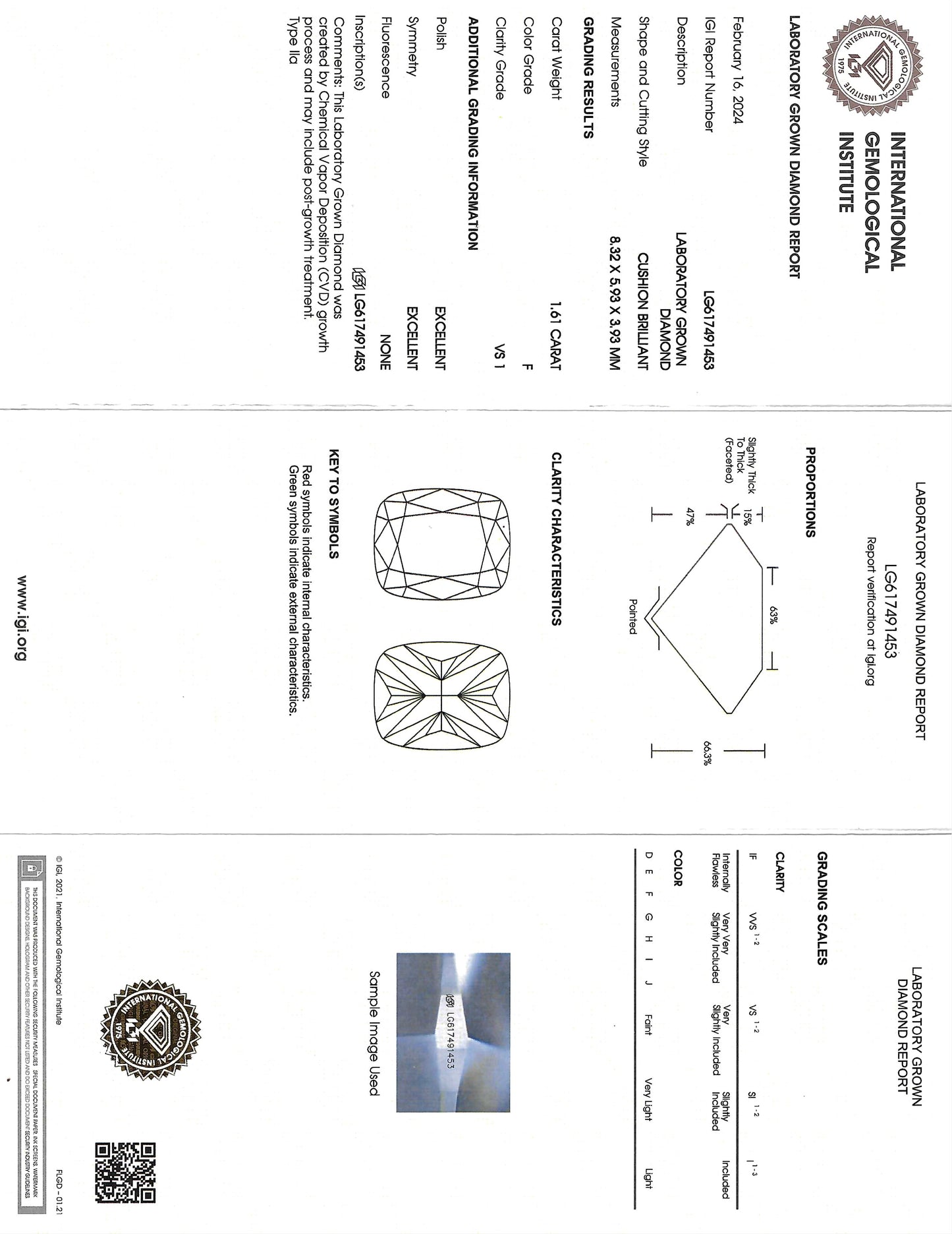 Technical drawing and specifications of a diamond with IGI (International Gemological Institute) certification.
