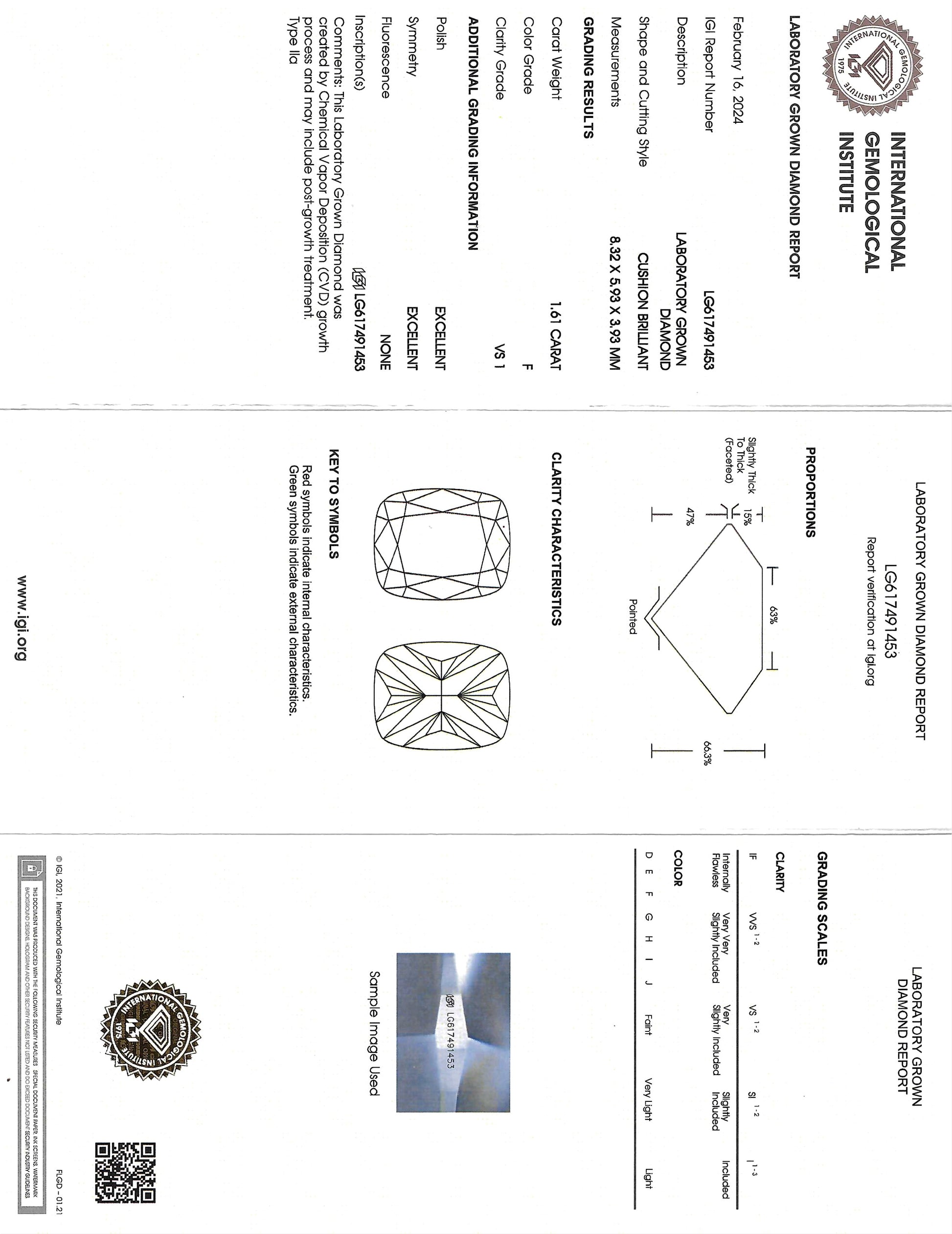 Technical drawing and specifications of a diamond with IGI (International Gemological Institute) certification.