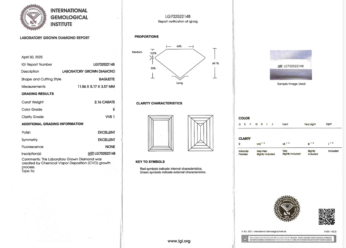 A three-panel diamond report card from the International Gemological Institute, displaying grading results, proportions, and clarity characteristics for a laboratory grown diamond.