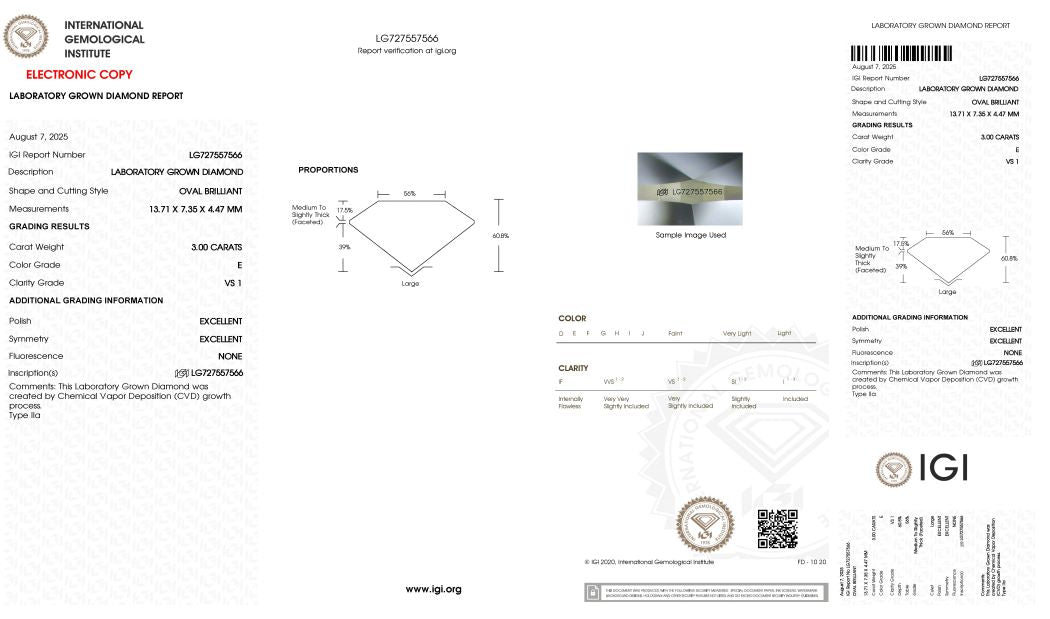 Lab grown diamond report with IGI logo on a white background