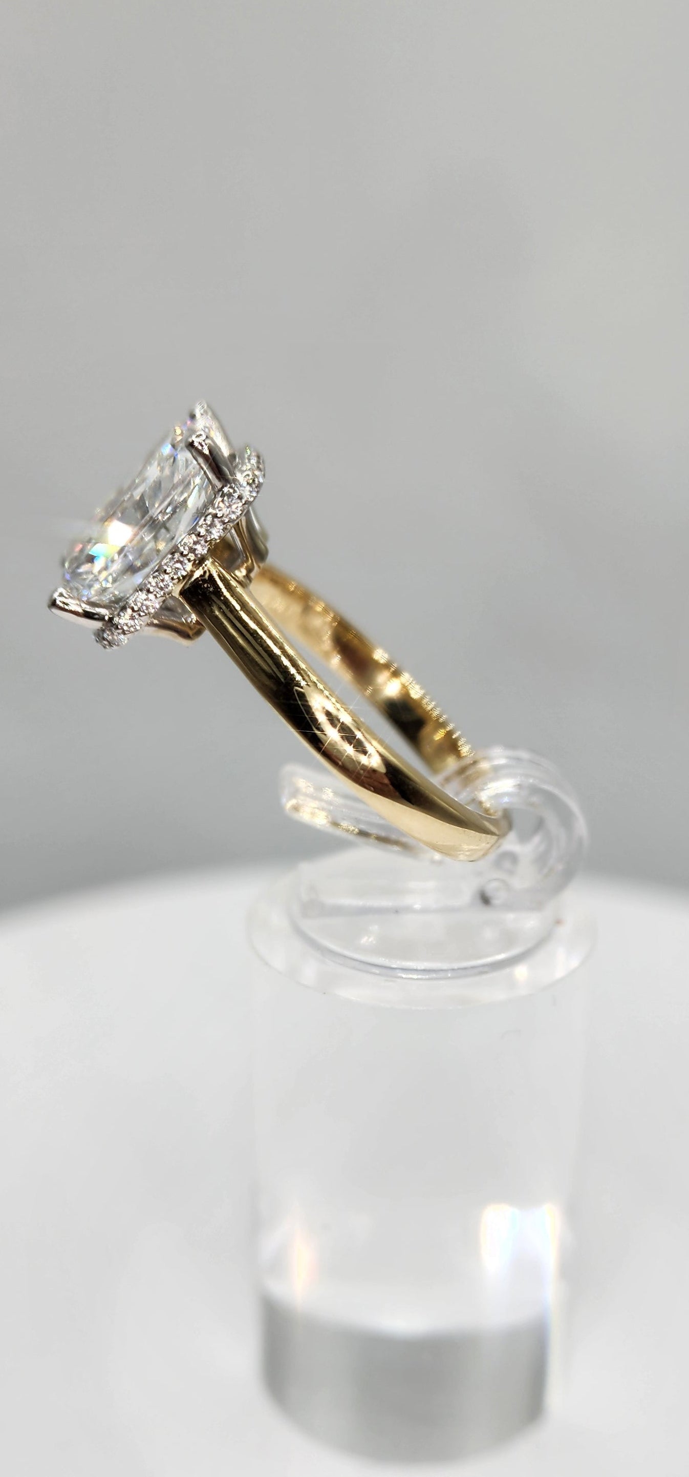 "The Monica" Ring - 3.75 Carat Radiant Lab Grown Diamond, Color E, VVS2, mounted in a 2mm Yellow Gold band with White Gold Head and Hidden Halo