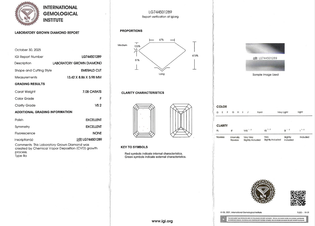 7.08 Carat Emerald Cut Lab Diamond (Color F, VS2 Clarity) IGI Certified