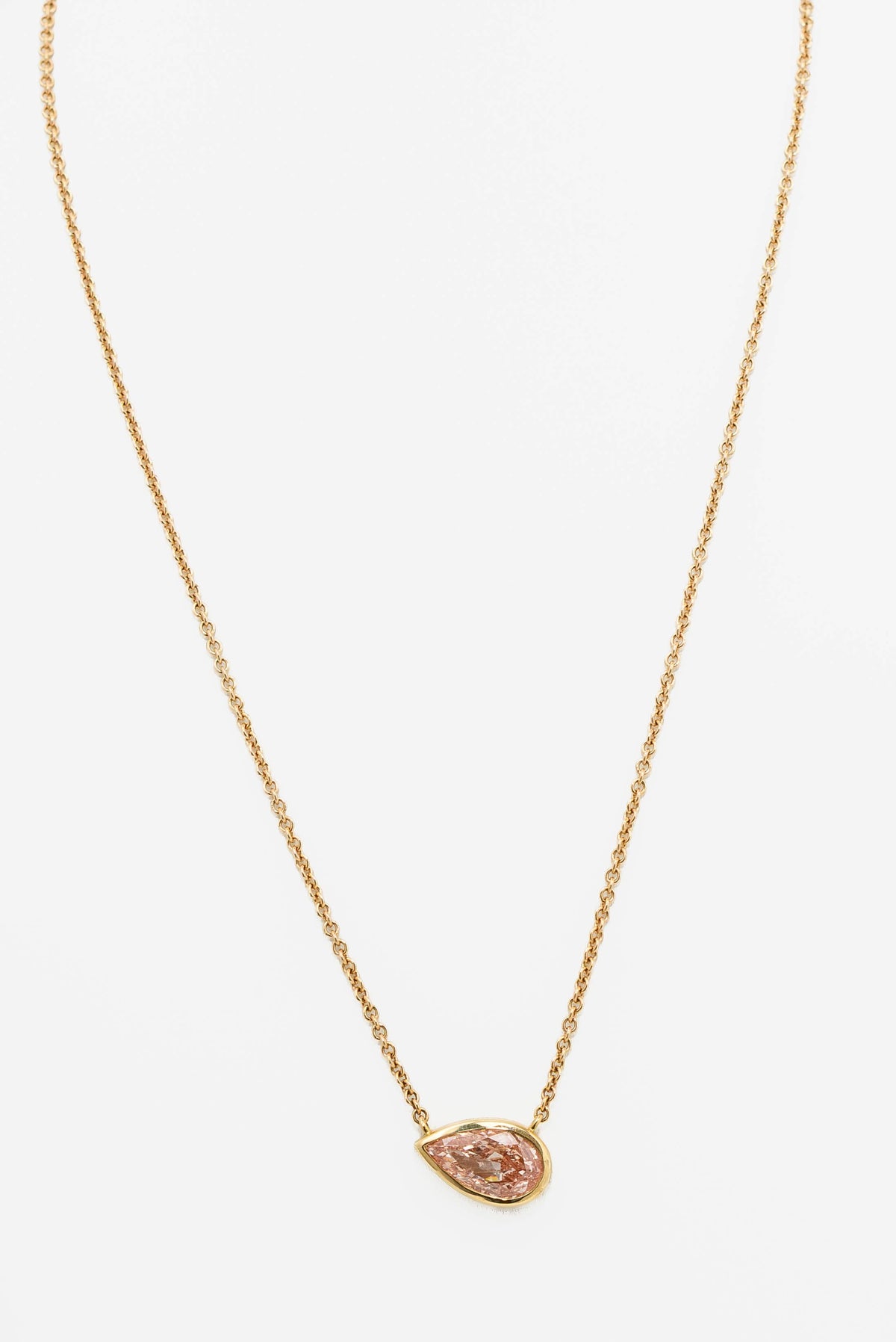 4 Carat Fancy Intense Pink Pear Lab Diamond Bezel Set Necklace, 14k Yellow Gold, IGI Certified