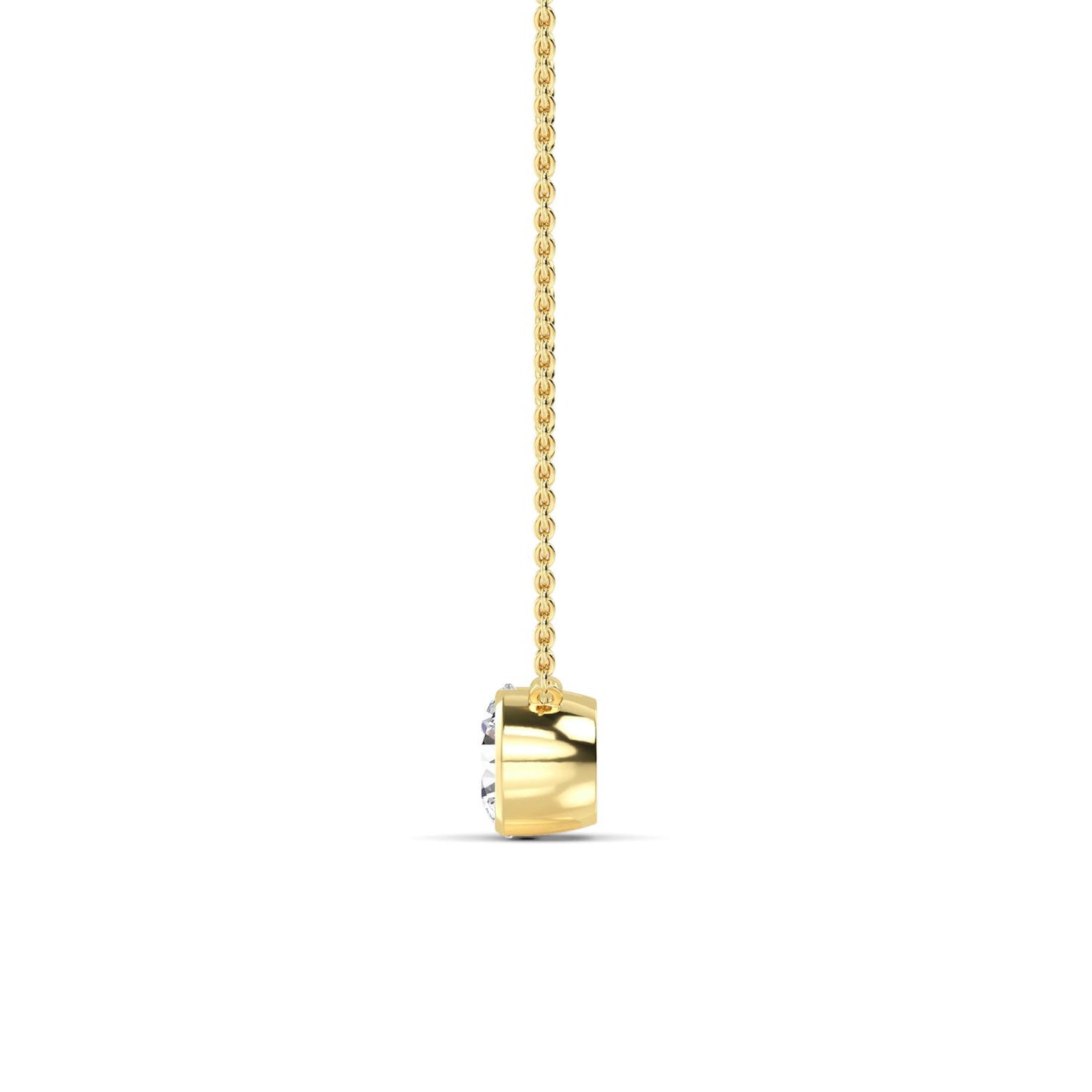 A yellow gold pendant necklace featuring a small, polished rectangular box-shaped pendant with a clear gemstone, suspended from a delicate gold chain against a plain white background.