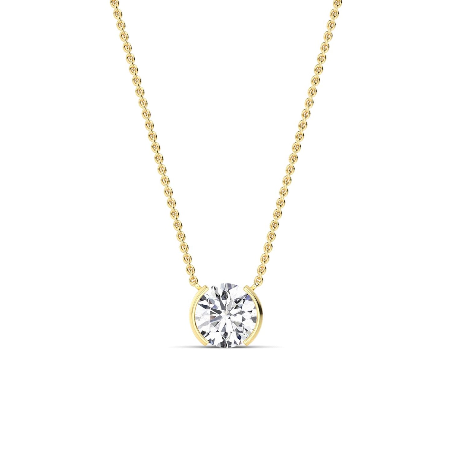 Gold necklace with a diamond pendant on a white background