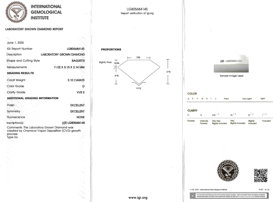 A scanned laboratory gemstone report card from the International Gemological Institute, showing diamond proportions, measurements, carat weight, color grade, and clarity information for a baguette-cut diamond.