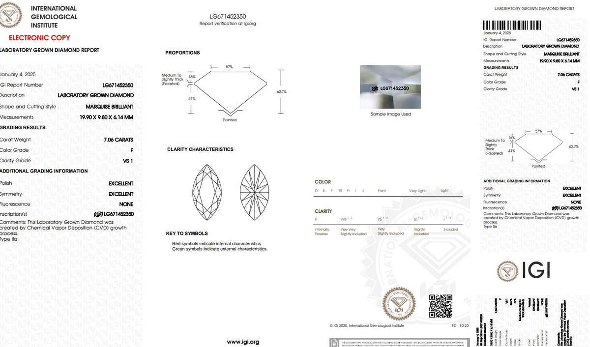 7.06 ct Marquise Lab Diamond, F/VS1  IGI Certified