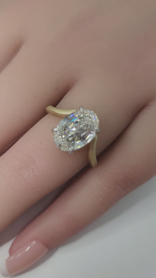 "The Kris" 4.14 Carat Step-Cut Oval Lab Grown Diamond on 14k Brushed Yellow Gold Contour Band