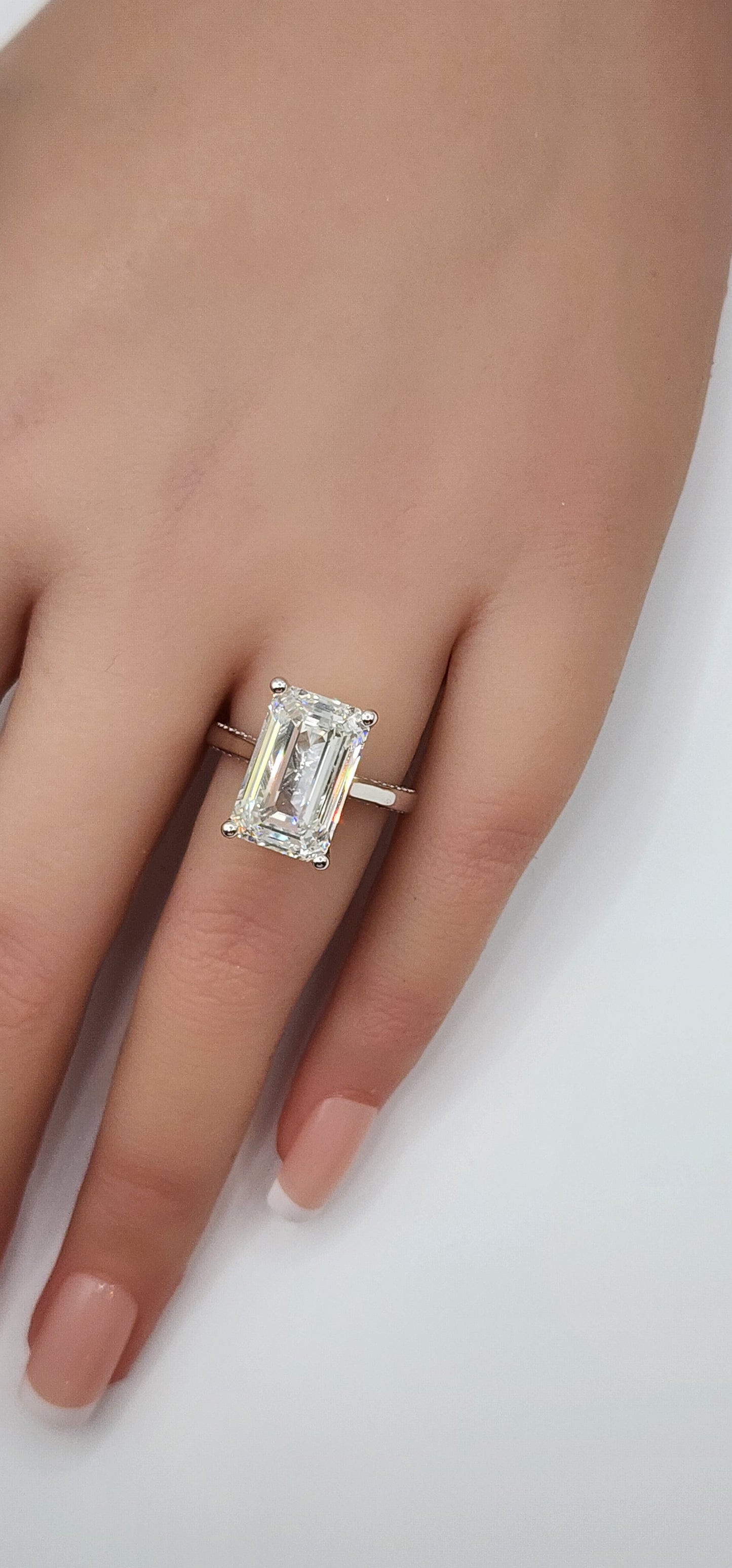 "The Layla" 9.03 Carat Emerald Cut Lab Grown Diamond, F VS2  with Pave Bridge set in 14k White Gold Ring