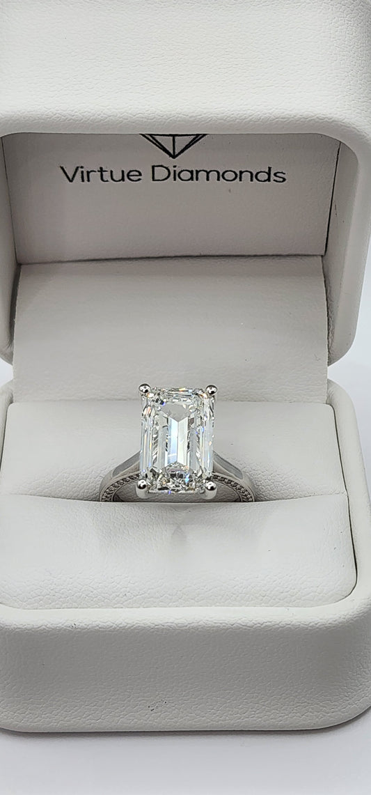 "The Layla" 9.03 Carat Emerald Cut Lab Grown Diamond, F VS2  with Pave Bridge set in 14k White Gold Ring