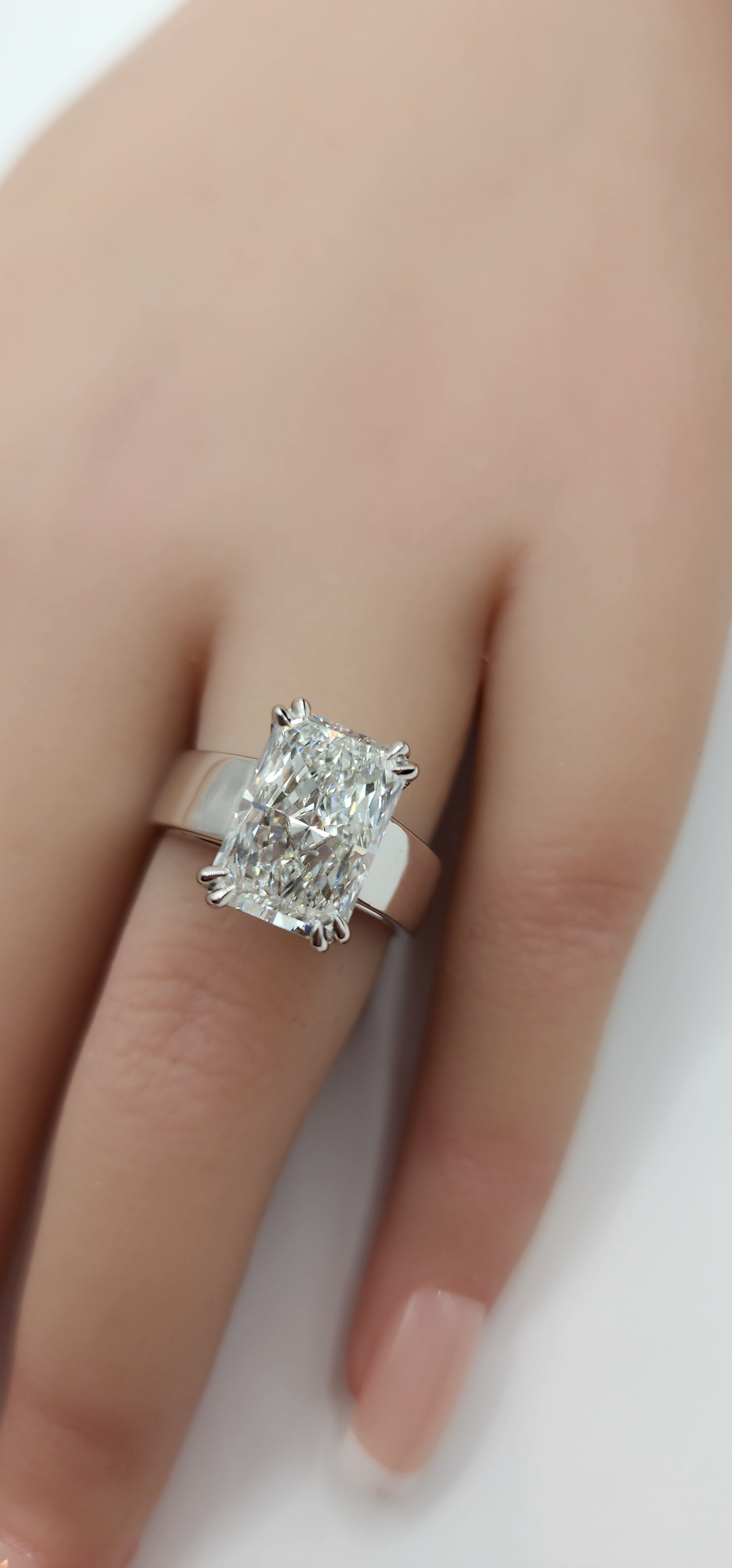 "The MaryLu"  in White Gold - 4.5 Radiant Cut Lab Grown Diamond, F, VS1 on 14K White Gold 5.5 mm Cigar Band, with 14K White Gold Double-Claw Prongs, IGI Certified Lab Grown Diamond