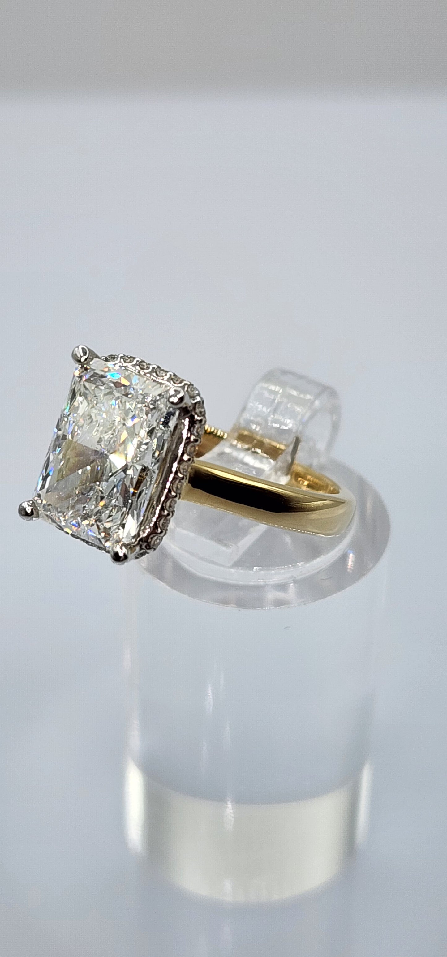 "The Monica" Ring - 3.75 Carat Radiant Lab Grown Diamond, Color E, VVS2, mounted in a 2mm Yellow Gold band with White Gold Head and Hidden Halo