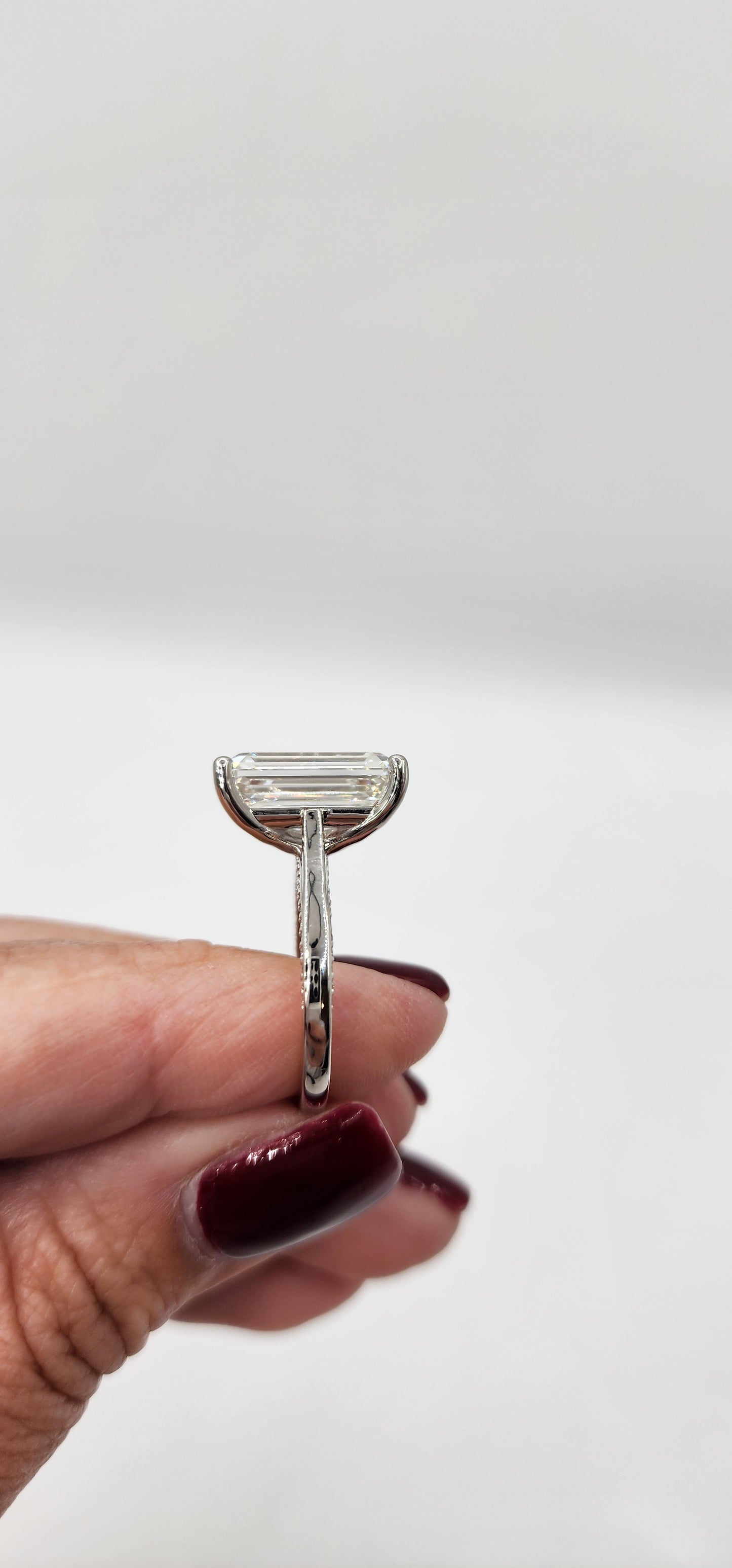 "The Layla" 9.03 Carat Emerald Cut Lab Grown Diamond, F VS2  with Pave Bridge set in 14k White Gold Ring