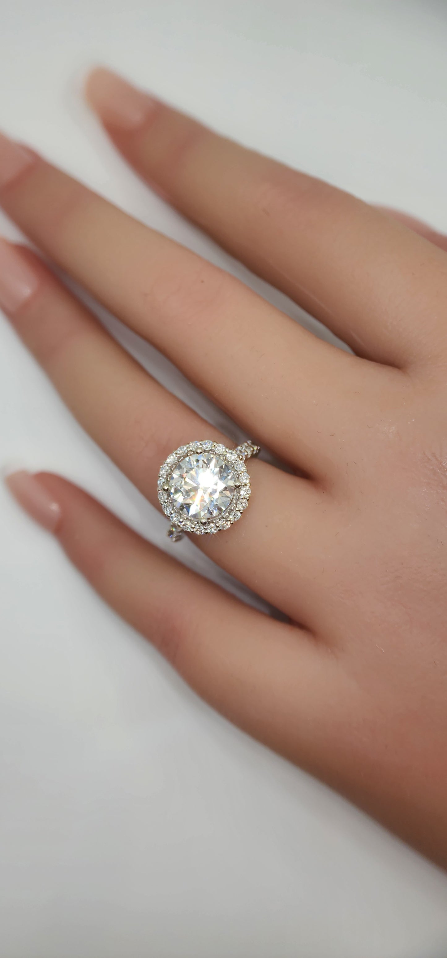 "The Elle" 3 Carat Round Lab Grown Diamond, F VVS2, With Halo and Diamond Band in 14k White Gold