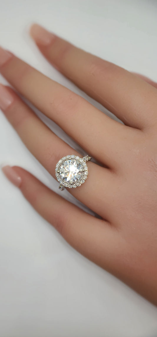 "The Elle" 3 Carat Round Lab Grown Diamond, F VVS2, With Halo and Diamond Band in 14k White Gold